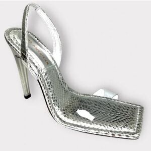 NEW Good American Open Square Toe Heels Silver Snake size 9.5